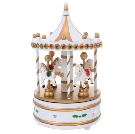 Cutii Muzicale - Carusel muzical MERRY GO ROUND, Alb/ Auriu, 13x25cm