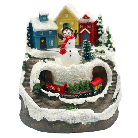 DECORATIUNI LUMINOASE - Decorațiune sat de iarnă cu trenuleț, LED și muzică – scenă festivă de Crăciun