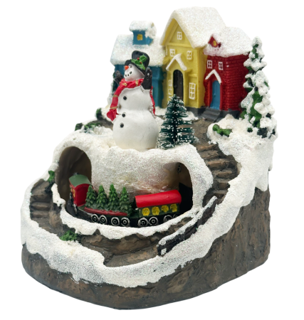 Decorațiune sat de iarnă cu trenuleț, LED și muzică – scenă festivă de Crăciun [1]