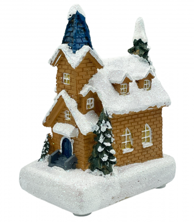 DECORATIUNI LUMINOASE - Casuta Craciun cu lumina LED si braduti VILLAGE, 11x7cm
