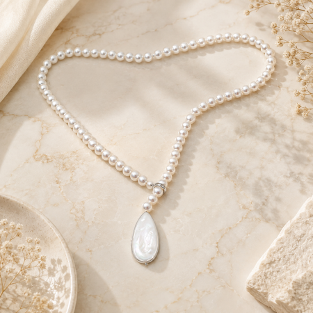 ACCESORII FEMEI - Colier elegant cu perle si pandantiv sidefat PEARL DROP