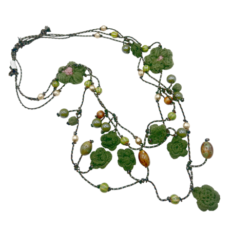 Coliere - Colier lung cu margele si flori crosetate ART, Verde
