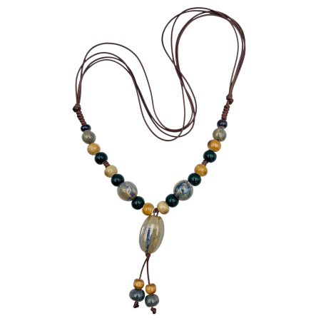 Accesorii Fashion - Colier boho cu mărgele ceramice albastre și șnur reglabil