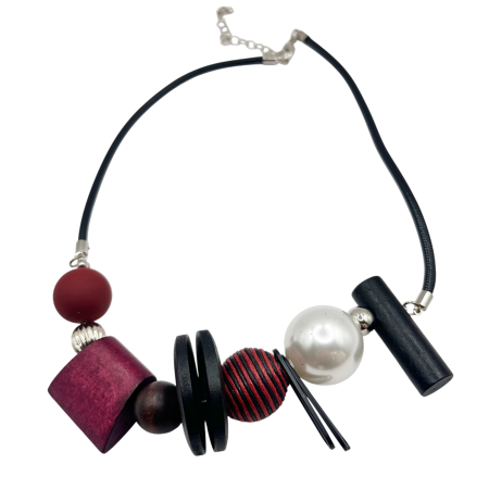 Coliere - Colier scurt cu margele VELVET WOOD -Burgundy Negru