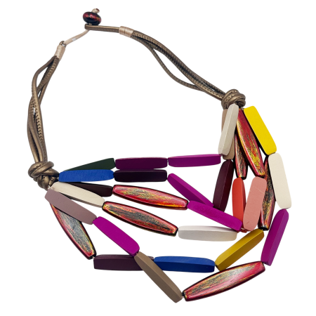 Coliere - Colier statement din lemn KALEIDO boho - Magenta Multicolor