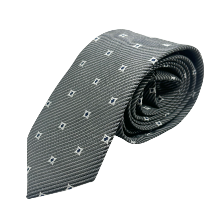ACCESORII VESTIMENTARE BARBATI - Cravată Gri cu Model Geometric Alb–Bleumarin – Elegantă & Versatilă