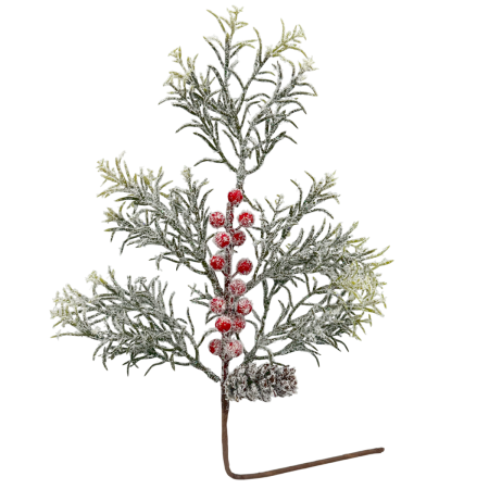 CRENGUTE & PICK-URI - Ramură decorativă artificială cu con si fructe roșii ninse STORMY