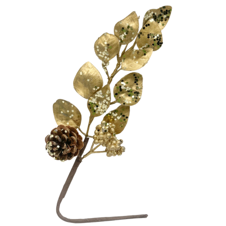 Colectia Auriu & Maro & Aramiu - Ramura decorativa Craciun cu con, frunze si bobite BEAUTY, Auriu, 40cm