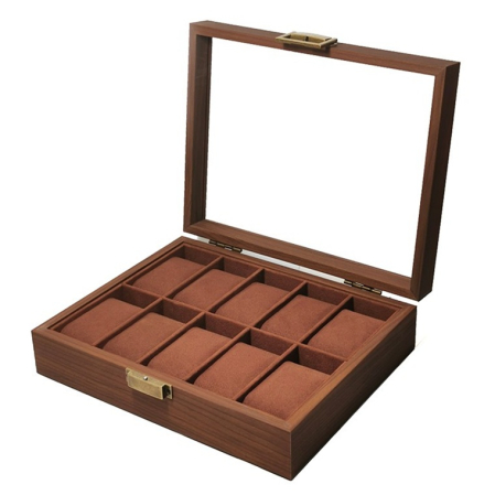Organizatoare Bijuterii - Cutie din Lemn pentru 10 Ceasuri LUXURY, Maro, Cu Capac Transparent