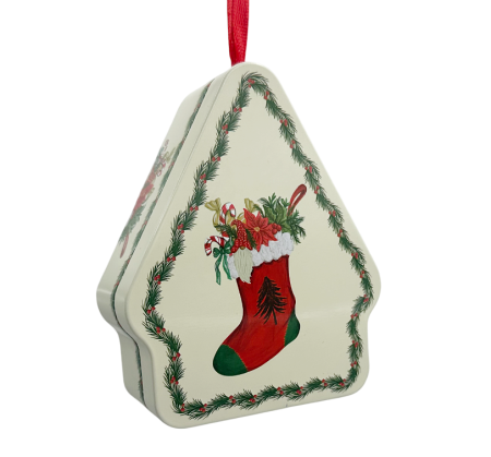 DECORATIUNI CRACIUN - Cutie din tablă în formă de brad JOY – model cu cizmuliță de Crăciun