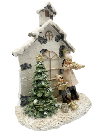 Decor Crăciun cu LED – Căsuță cu brad și colindători în haine crem JOY [2]