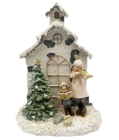 DECORATIUNI LUMINOASE - Decor Crăciun cu LED – Căsuță cu brad și colindători în haine crem JOY