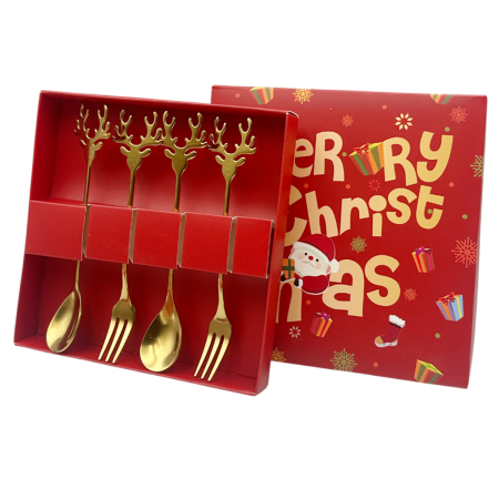 SERVIRE & DECORARE MASA CRACIUN - Set Tacâmuri Crăciun Auriu – Model Ren, 4 Piese, în Cutie Cadou