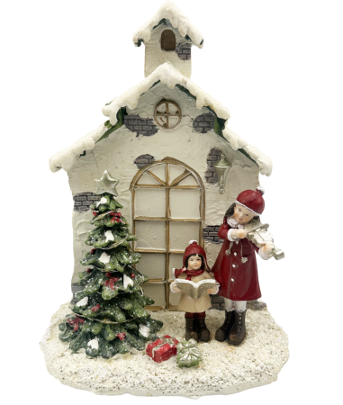 DECORATIUNI LUMINOASE - Decor Crăciun cu LED – Căsuță cu brad și colindători în haine rosii JOY