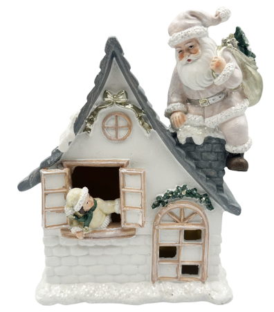 DECORATIUNI LUMINOASE - Decor Crăciun cu LED – Căsuță Albă cu Moș Crăciun și Fetiță la Fereastră JOY