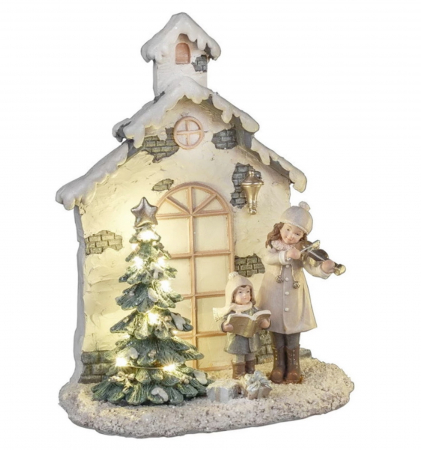 FIGURINE & PLUSURI - Decor Craciun Casuta cu colindatori si lumina LED MAGIC, 16x23cm