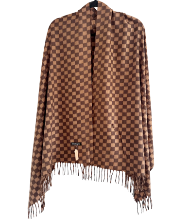 Saluri & Fulare - Esarfa Cashmere CHESS cu patratele si franjuri, Maro/ Bej,