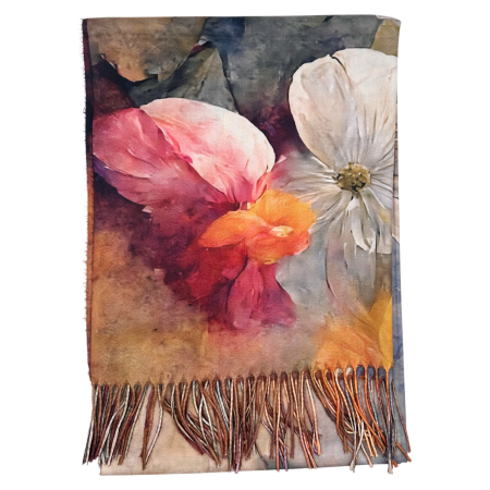 ACCESORII FEMEI - Esarfa Dama 70x180 cm cu Imprimeu Artistic Flori Portocaliu