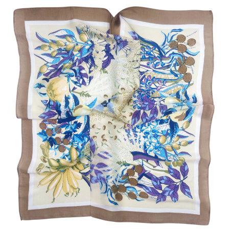 Esarfe Matase & Voal & Satin - Esarfa dama ALEXIS crem cu flori mov si frunze - patrata