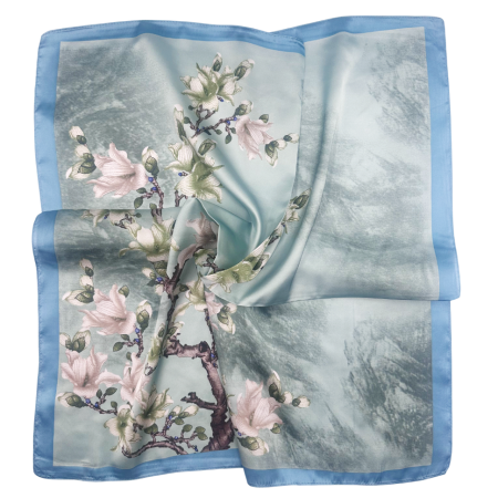 Esarfe Patrate - Esarfa dama BLOSSOM cu flori, Bleu, 70x70cm
