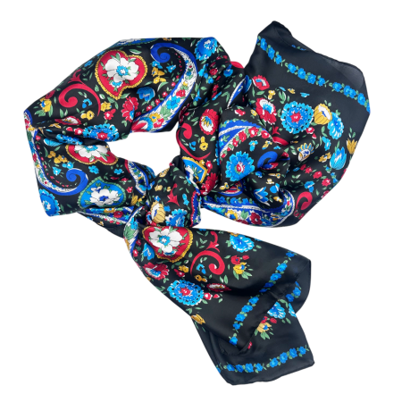 Esarfe Matase & Voal & Satin - Esarfa dama CARMEN Negru cu flori colorate