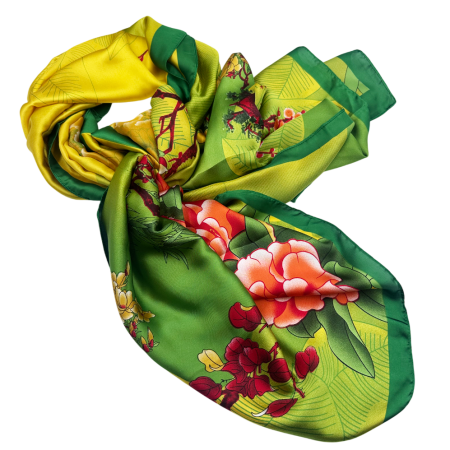 Esarfe Matase & Voal & Satin - Esarfa dama CARMEN cu flori, Verde/ Galben