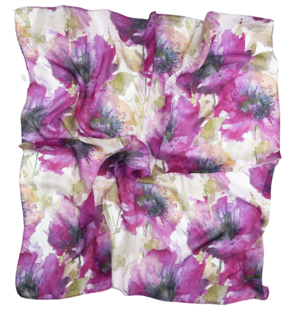 Esarfe Matase & Voal & Satin - Eșarfă crem cu flori mov - Accesoriu elegant damă