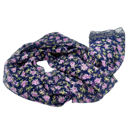 Esarfe Matase & Voal & Satin - Esarfa Dama - bleumarin cu flori roz delicate