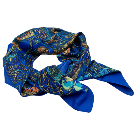 Esarfe Patrate - Esarfa dama GAVROCHE din matase, Cu flori si pasari, Albastru