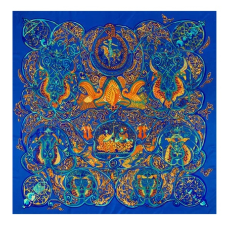 Esarfa dama GAVROCHE din matase, Cu flori si pasari, Albastru [1]