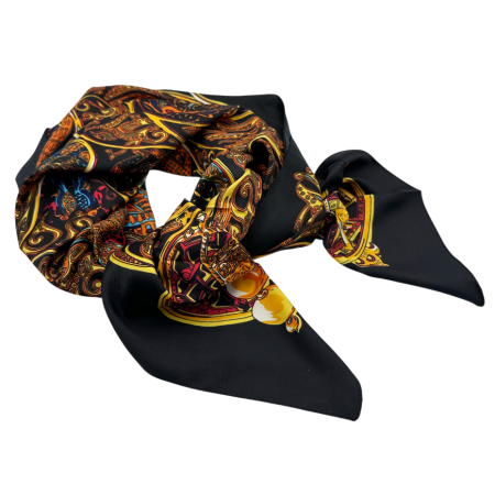 Esarfe Patrate - Esarfa dama GAVROCHE din matase, Cu flori si pasari, Negru, 85x85cm