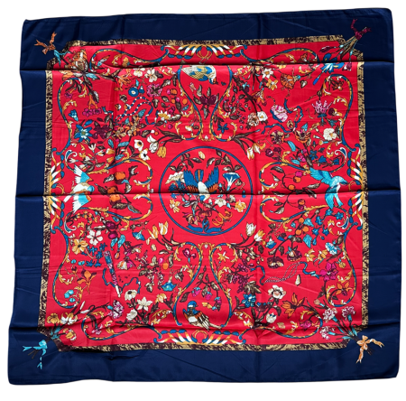 Esarfa dama GAVROCHE din matase, Cu flori si pasari, Rosu [1]