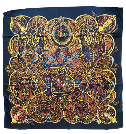 Esarfe - Esarfa dama HERMIONE neagra din matase, Cu flori si pasari