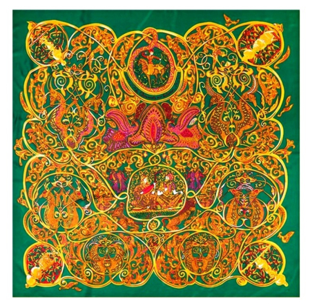 Esarfe - Esarfa dama HERMIONE verde din matase, Cu flori si pasari