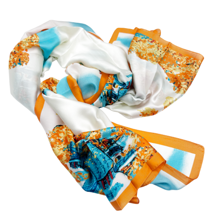 Esarfa dama PATRICE cu peisaj, Alb/ Portocaliu, Matase, 90x180cm [1]