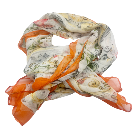 Esarfa Dama, Alba cu Aspect Matasos - Model Floral portocaliu [1]