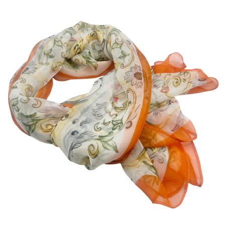 MODA & ACCESORII - Esarfa Dama, Alba cu Aspect Matasos - Model Floral portocaliu