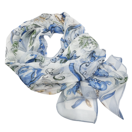 Esarfe Matase & Voal & Satin - Esarfa Dama alba cu flori albastre