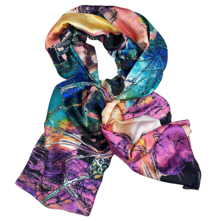 FASHION - Esarfa dama SIERRA cu pictura abstracta, Mov/ Turcoaz, Matase