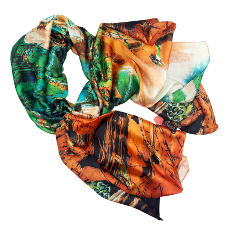 FASHION - Esarfa dama SIERRA cu pictura abstracta, Verde/ Portocaliu, Matase