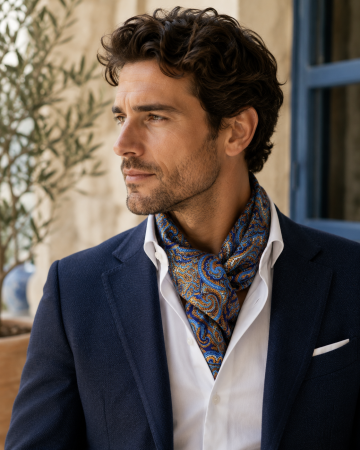 Esarfa matase barbati DAVIDE cu model paisley, Turcoaz/ Auriu [1]