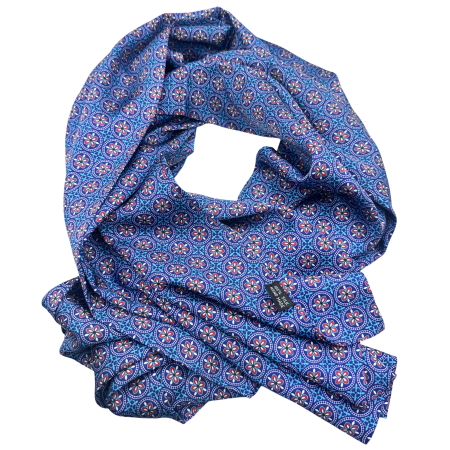 Eșarfă mătase bărbați albastră – model vintage medalion rosu [1]