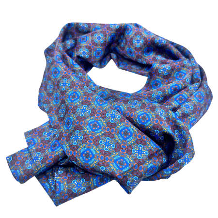 MODA & ACCESORII - Eșarfă mătase bărbați albastră – model vintage medalion