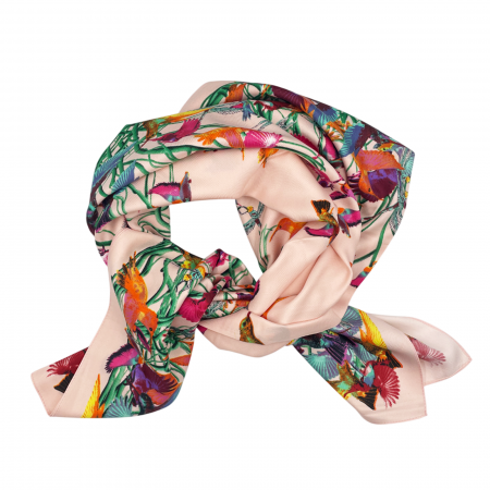 Esarfe Matase & Voal & Satin - Esarfa matase BIRDS, Roz, 90x180cm