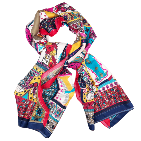 FASHION - Esarfa matase FLORES Rosu cu motive geometrice si florale