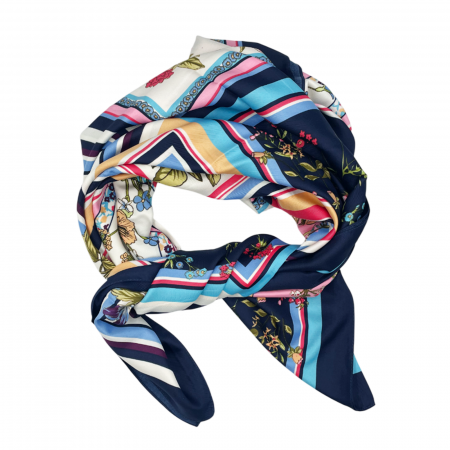 Esarfa matase FLORES cu flori si motive geomterice, Bleumarin [3]