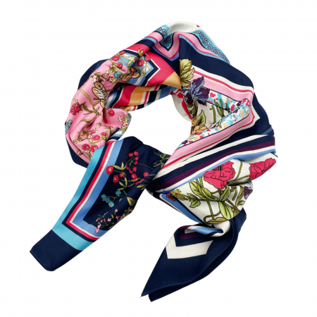 Esarfa matase FLORES cu flori si motive geomterice, Bleumarin [2]