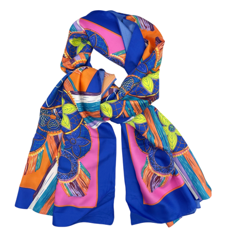 FASHION - Esarfa matase MAYA Albastru-electric, cu motive geometrice si florale