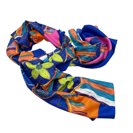 Esarfa matase MAYA Albastru-electric, cu motive geometrice si florale [2]