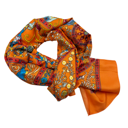 Esarfa matase MAYA portocaliu cu flori si motive orientale [1]